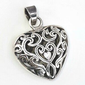 Vintage Sterling Silver Heart Filigree Pendant | Scrollwork | .925